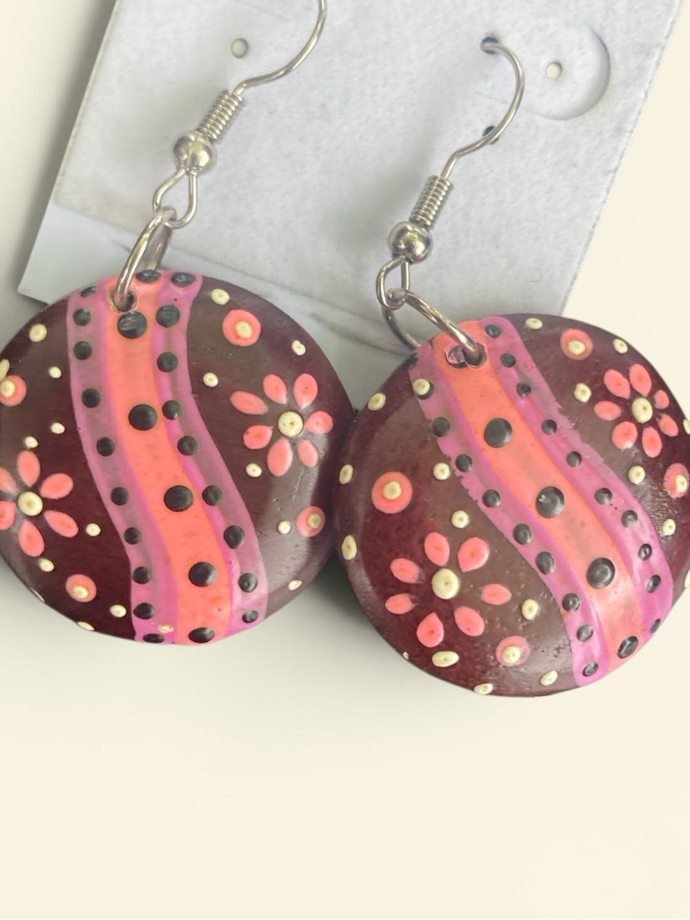 Hand-Painted Floral Round Drop Earrings in Burgundy & Pink